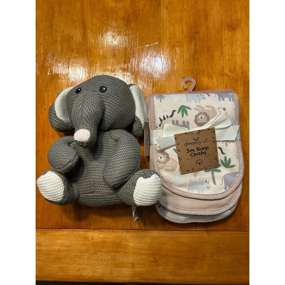 Grey‎ Knit Elephant Plush and 3-Pack Safari Tropic Burp Cloths Baby Gift Set NEW